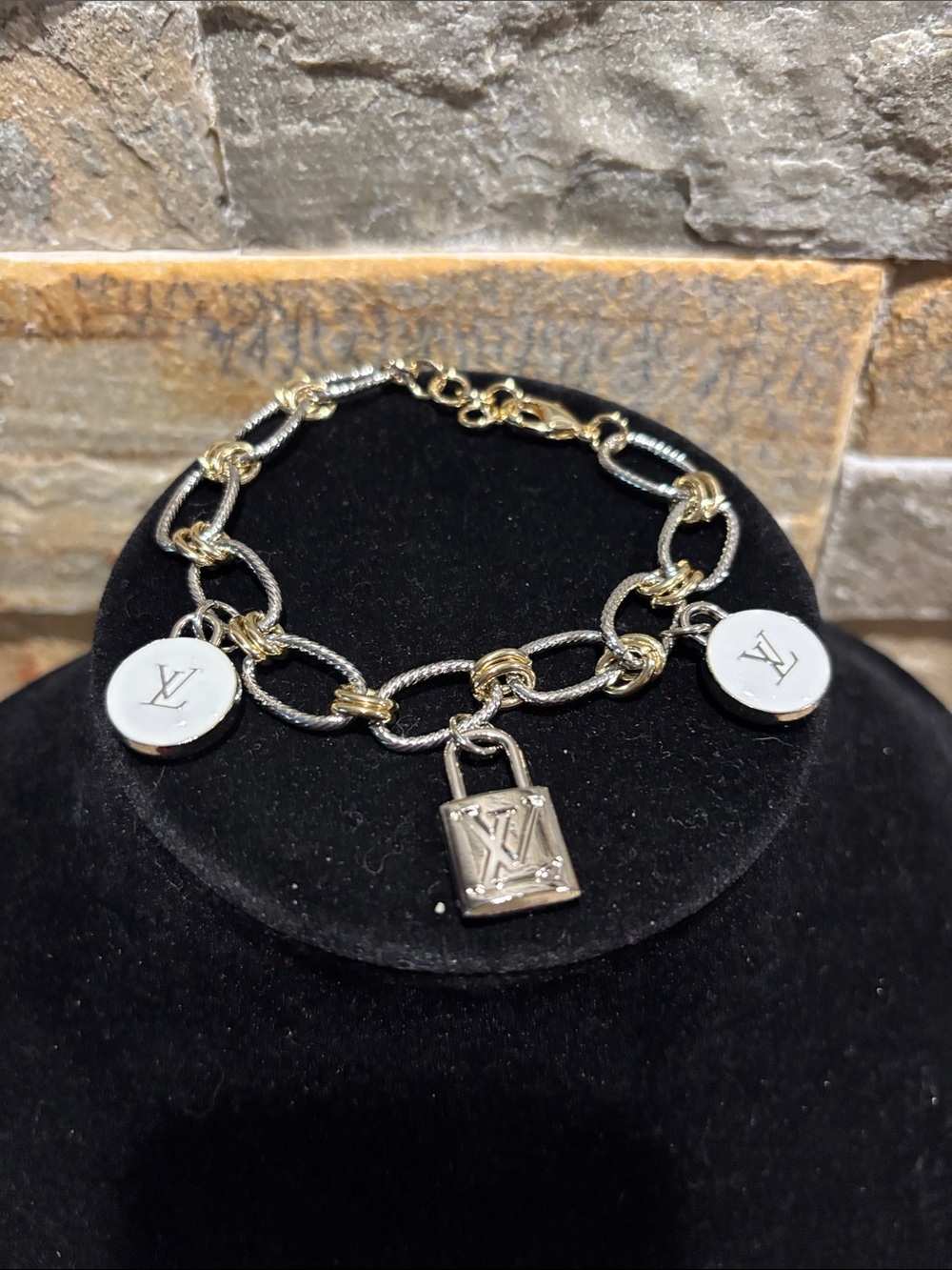 Designer Two-Tone LV Padlock Charm Bracelet - Gold & Silver